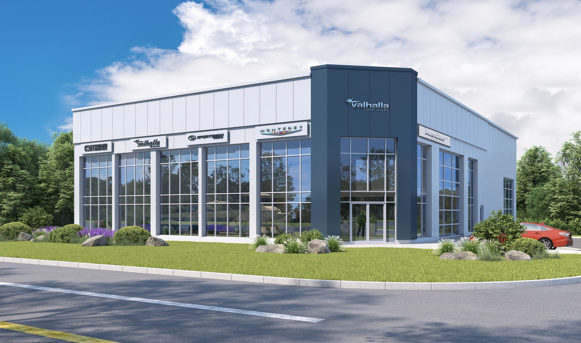 Architectural rendering of the upcoming Somers Point showroom with brand signage across the glass storefront