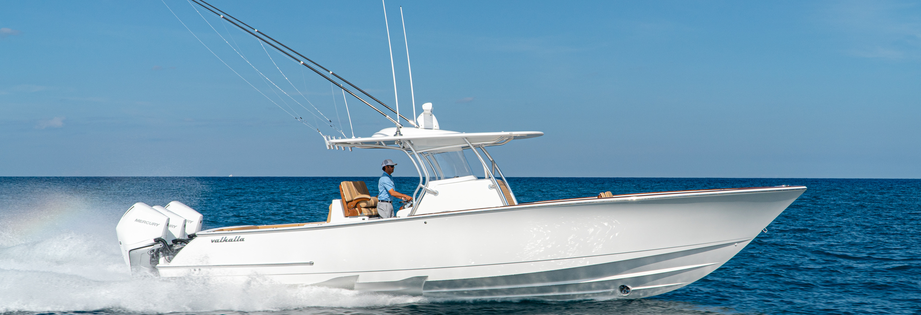 Valhalla center console running at sea under a clear sky