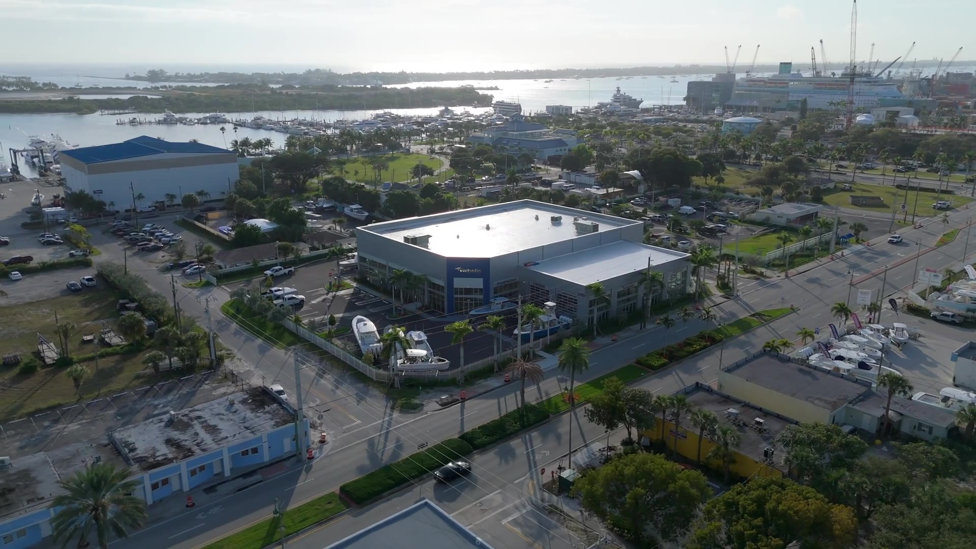 Aerial view of the Valhalla Yacht Sales showroom in Riviera Beach